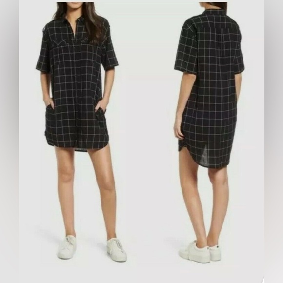 Current/Elliot Black Windowpane Shirtdress Short Casual Dress, Size 1 - Picture 1 of 9